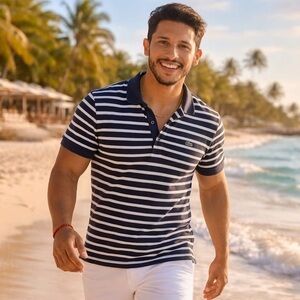 Lacoste Navy and White Striped Polo Shirt